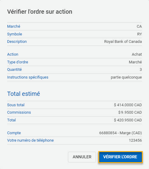 Fenêtre contextuelle de vérification de l’entrée d’un ordre